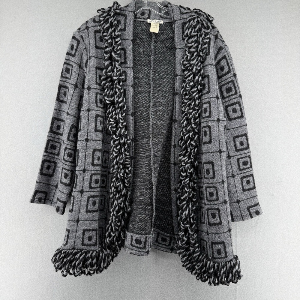 Avalin Cardigan Sweater Womens Large 100% Wool Gray Black Geometric Fringe Open